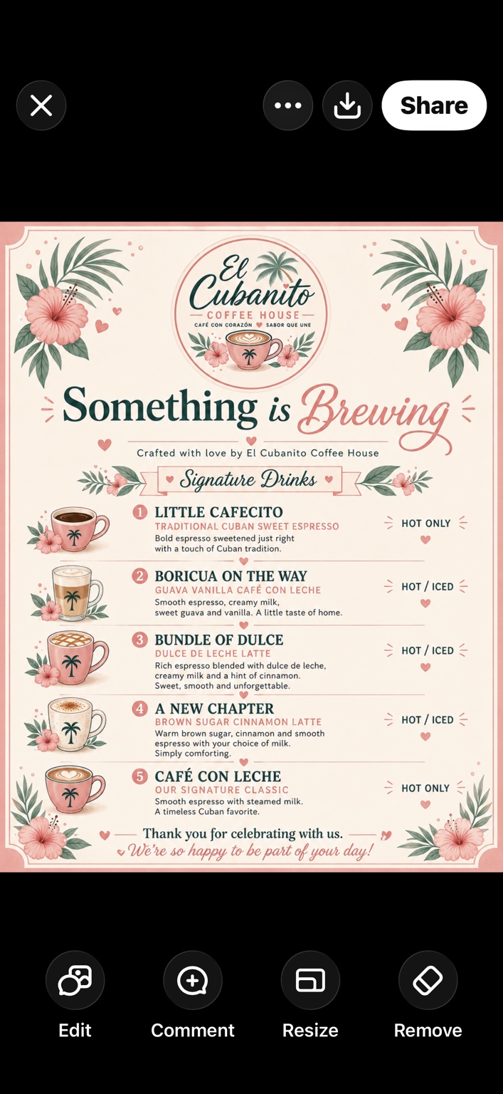 Floral El Cubanito signature drinks menu created for a celebration