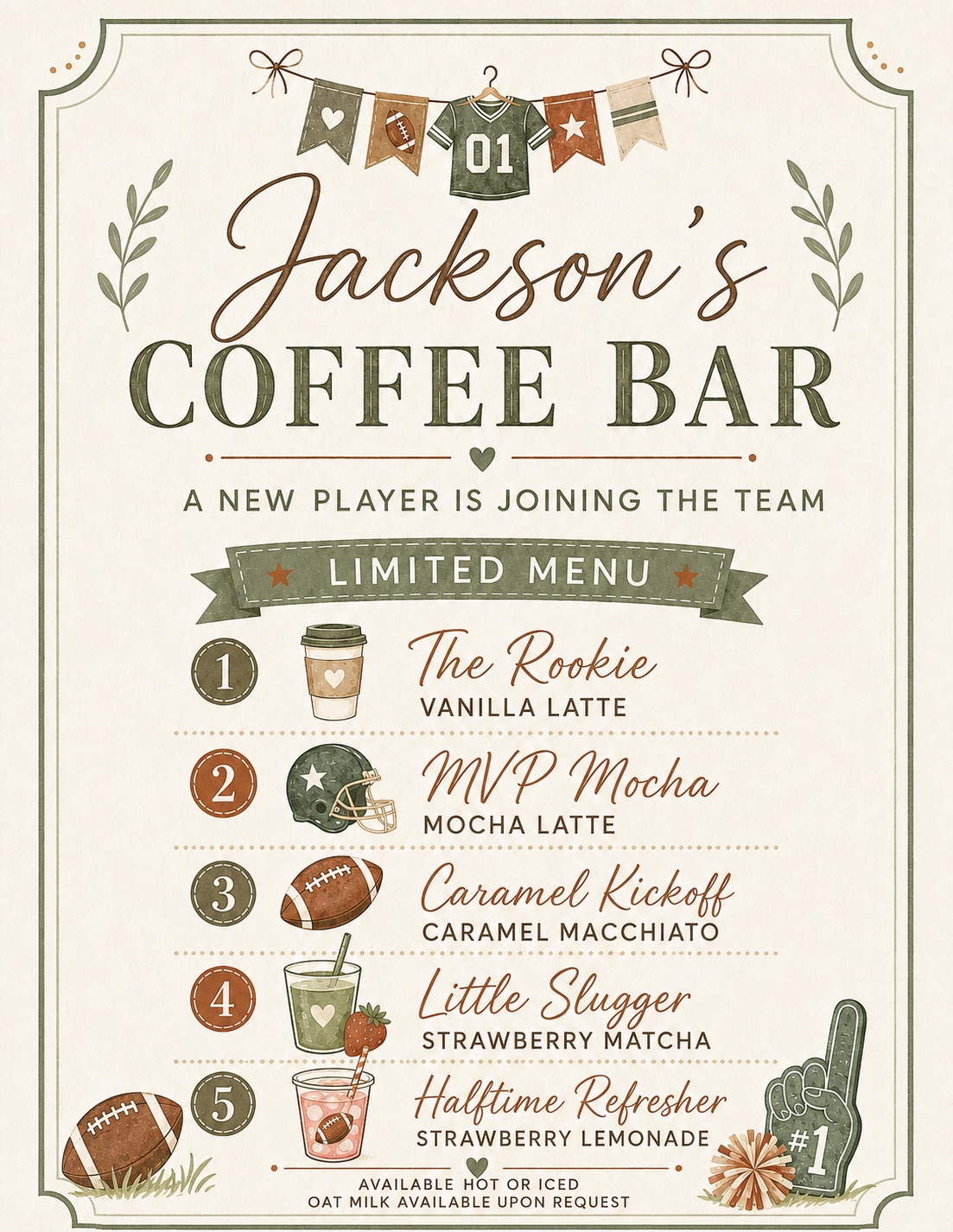 Jackson’s Coffee Bar themed menu with football-inspired drink names