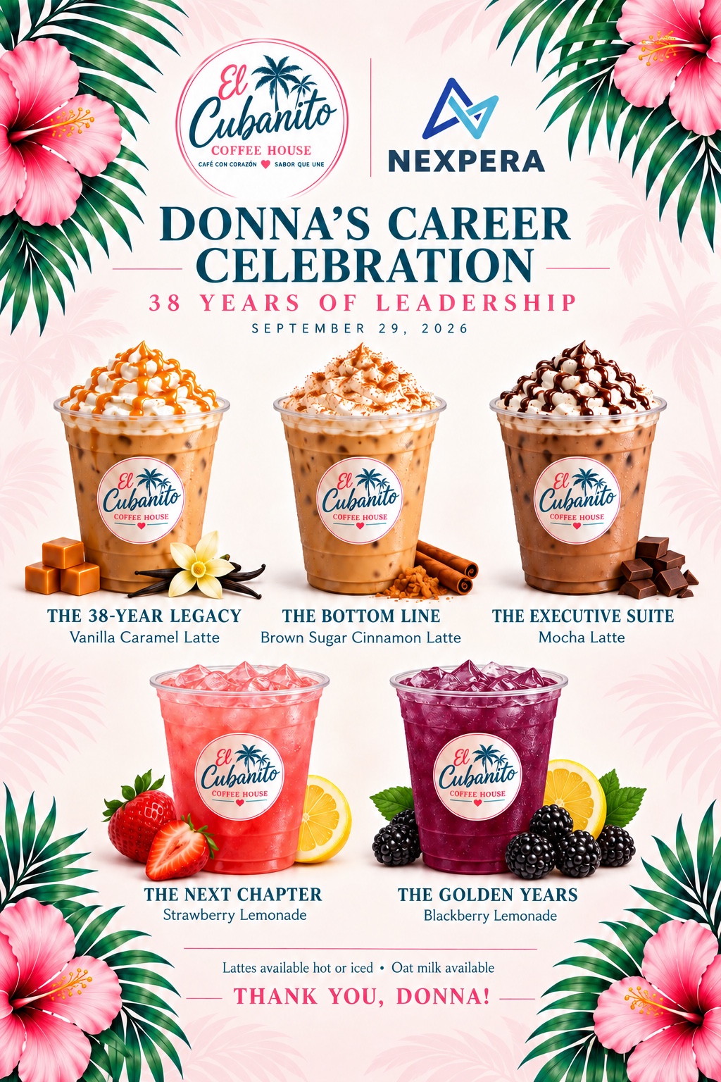 El Cubanito custom coffee and lemonade menu for a workplace career celebration