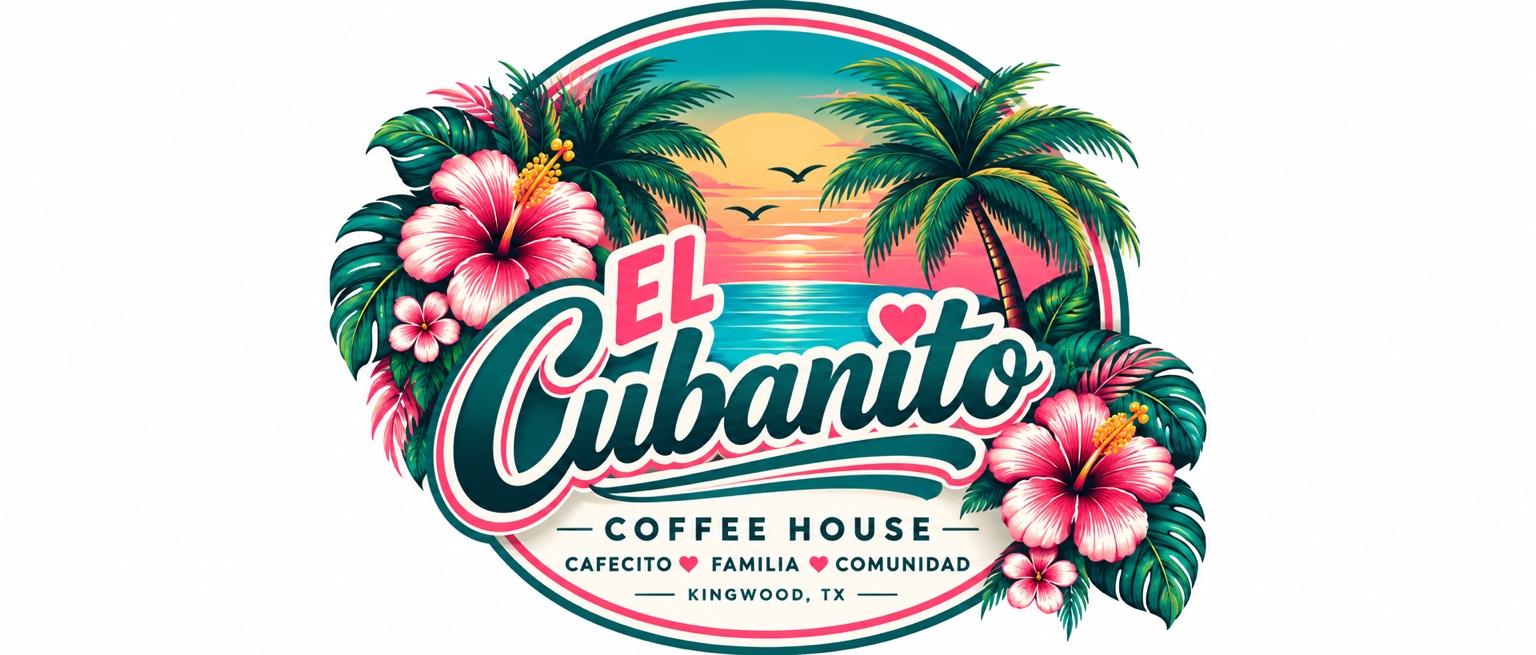 El Cubanito Coffee House logo with tropical palms, hibiscus, and a sunset