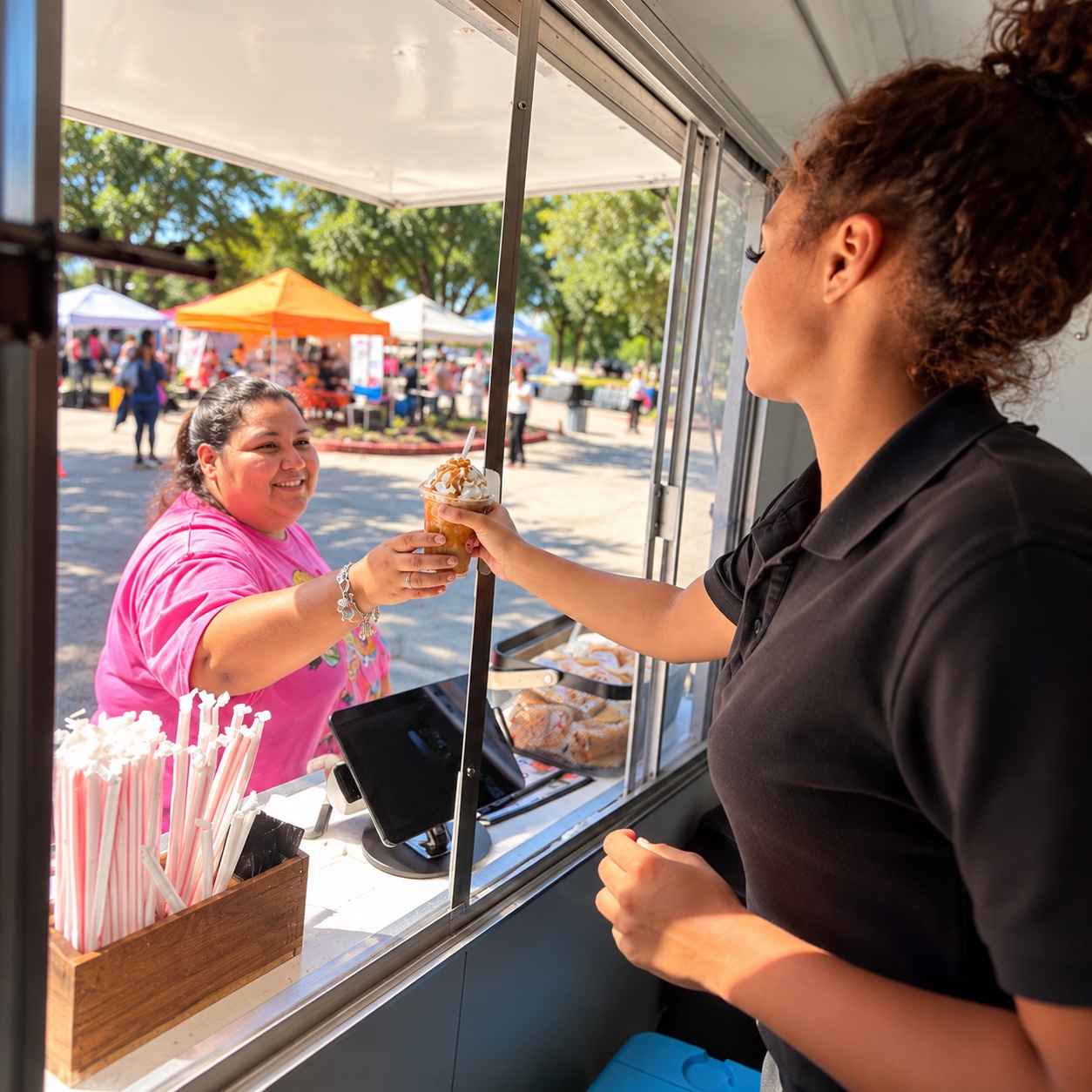 A barista serving a customer through the coffee trailer window