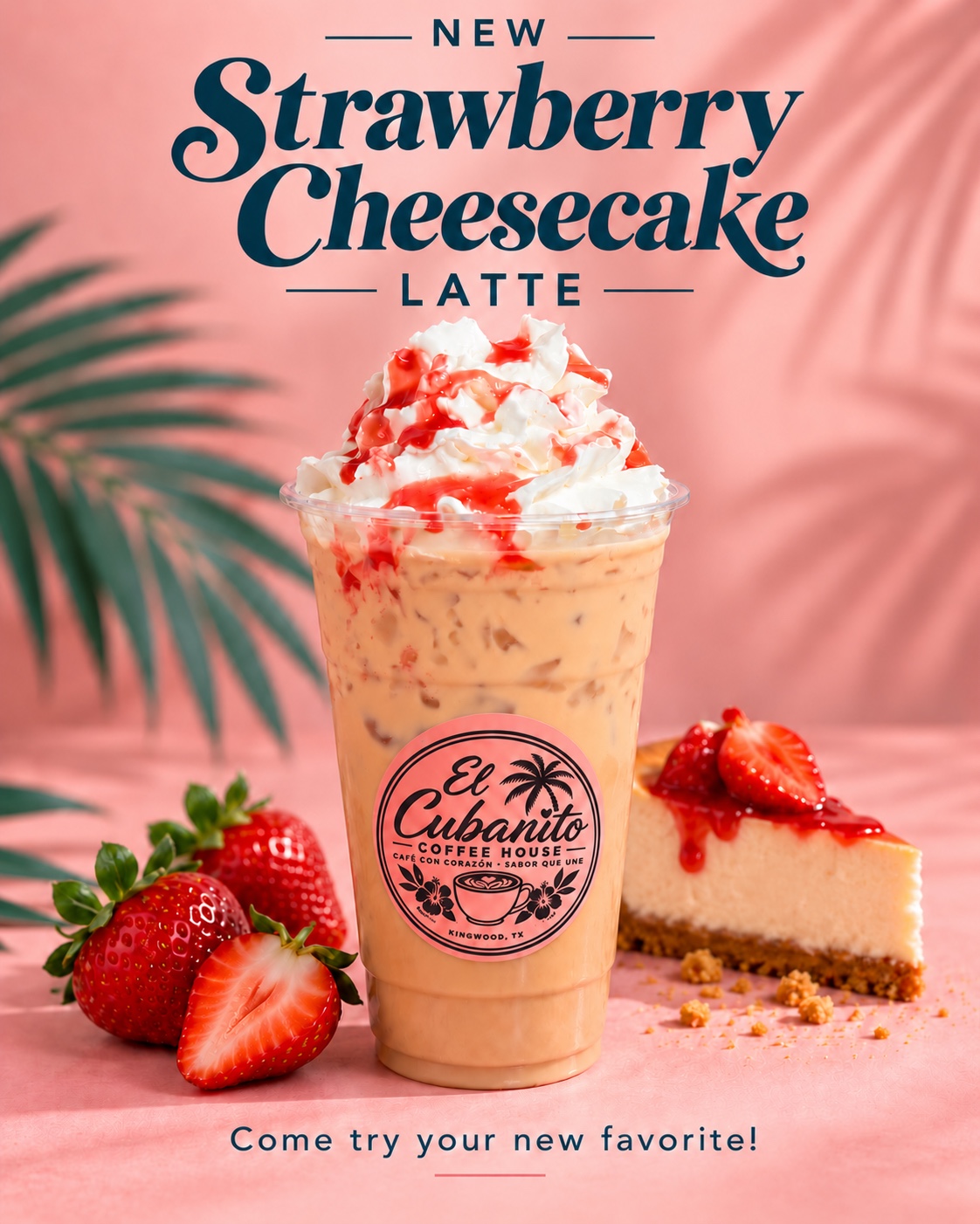 A strawberry cheesecake latte topped with cream and strawberry